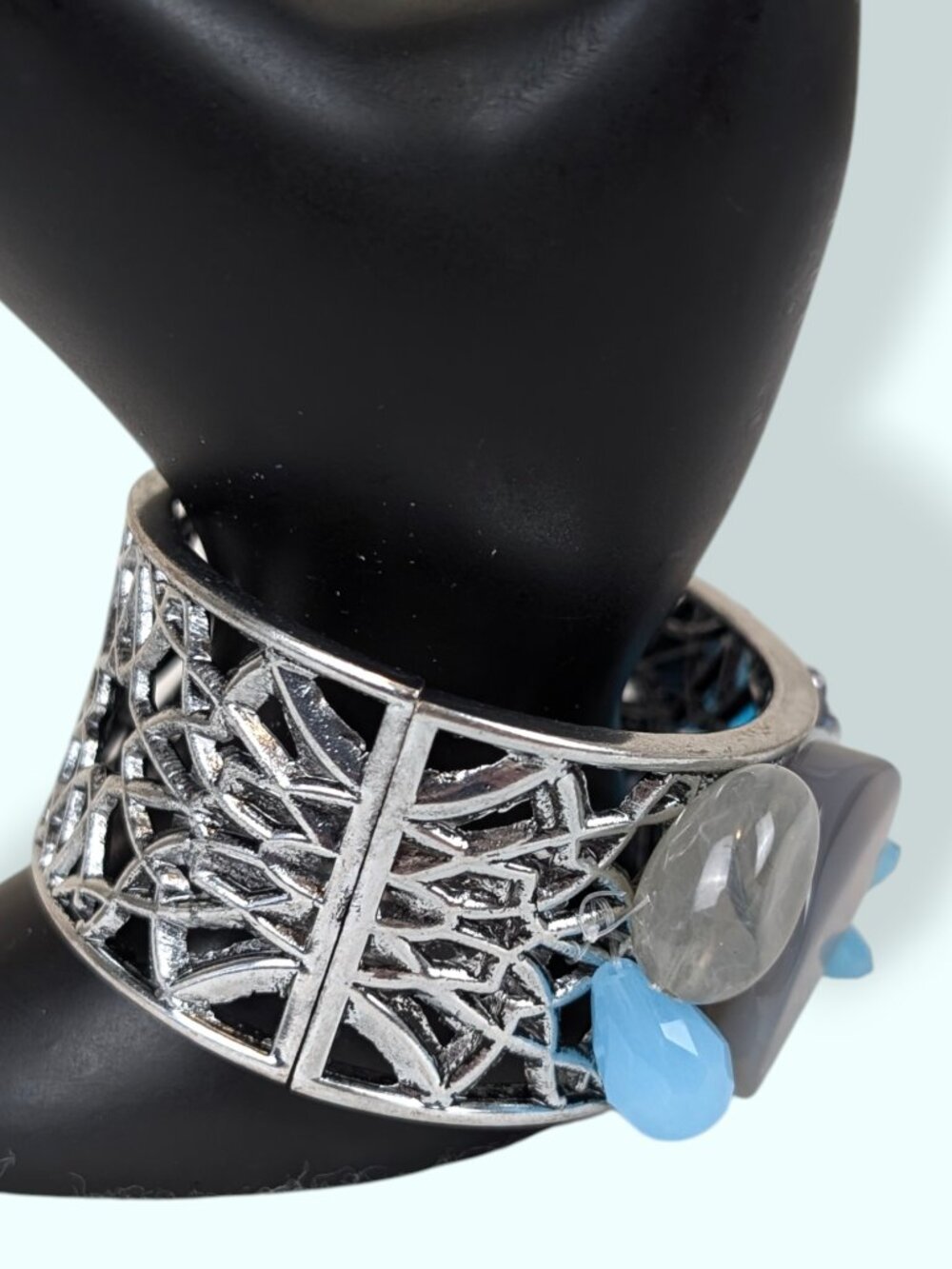 Silver Tone Blue Beaded Hinge Bracelet - Picture 2 of 9